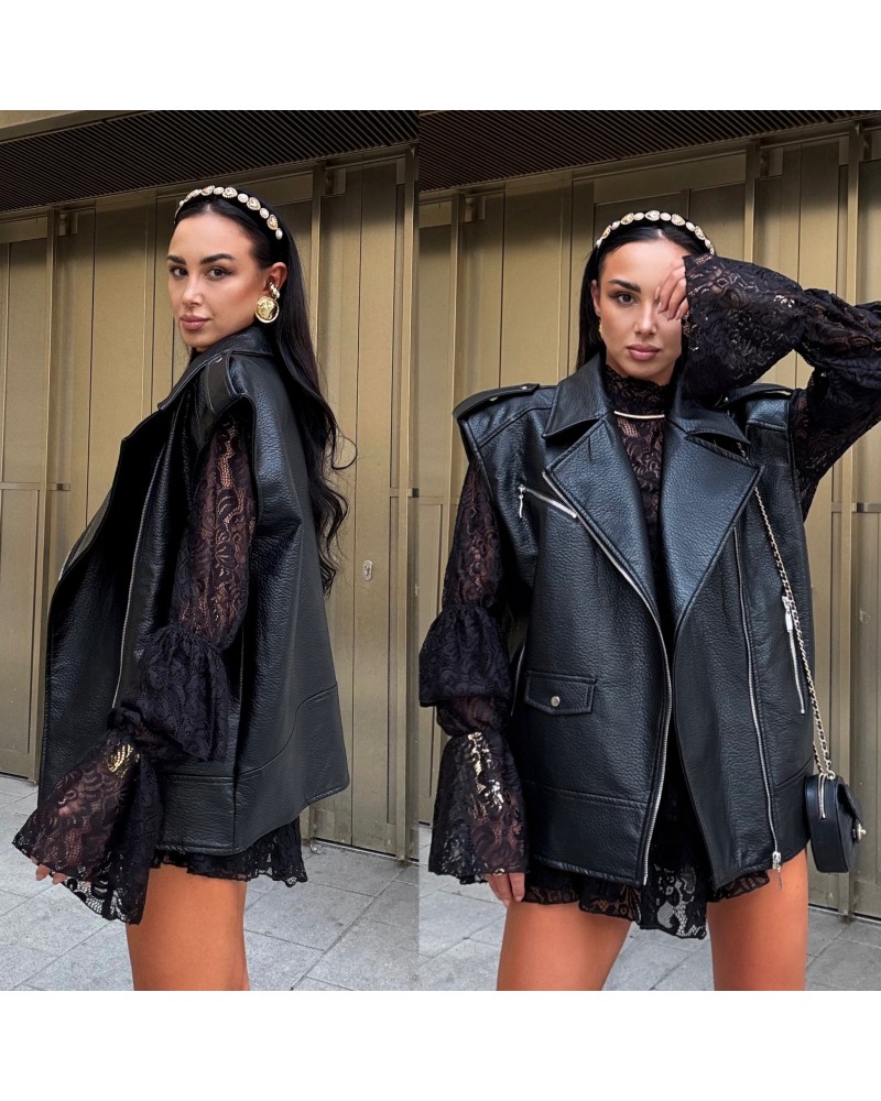 SKÓRZANA KAMIZELKA CZARNA ▪️