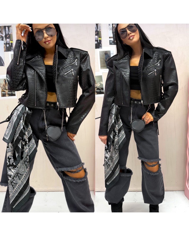 KURTKA RAMONESKA ▪️KROKODYL SKÓRA czarna