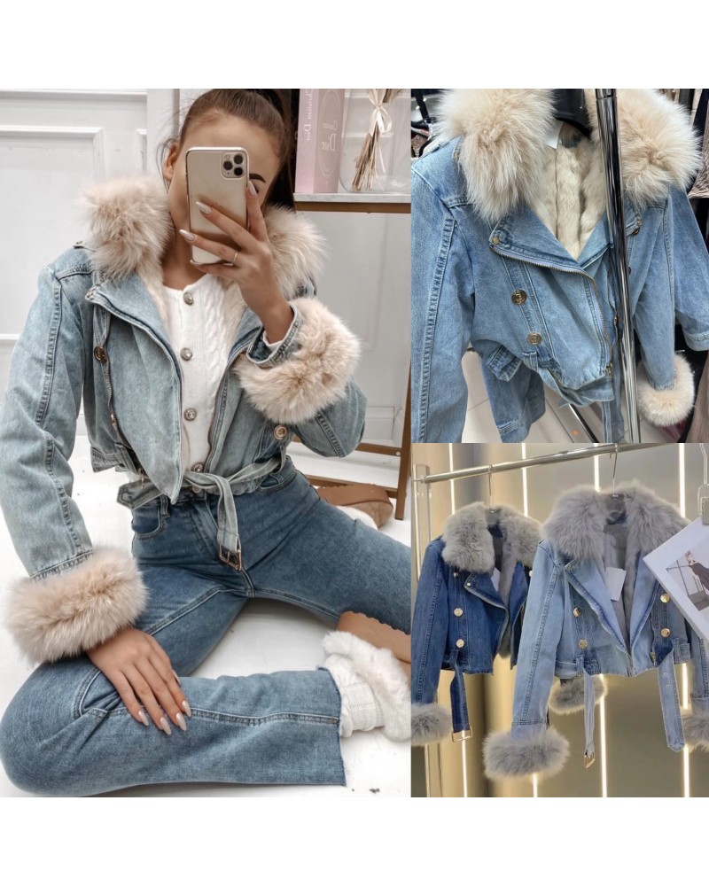 JEANSOWY KURTKA ZŁOTE GUZIKI FUTERKO ▪️PREMIUM