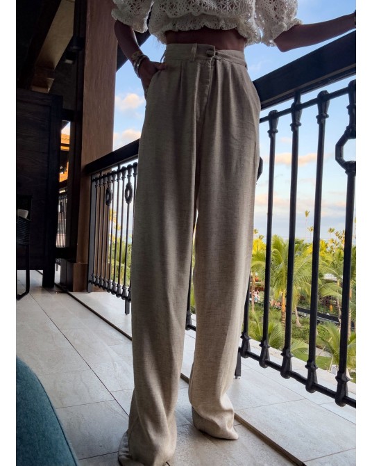 SPODNIE NATURAL LEN ▪️szaro-beż