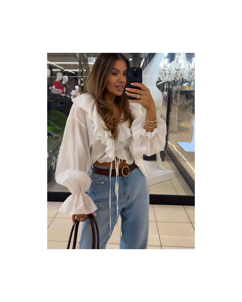 CZEKOLADOWA KOSZULA MIA ▪️falbany wiązana BIAŁA