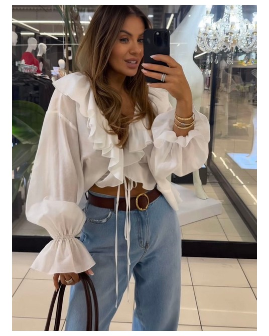 CZEKOLADOWA KOSZULA MIA ▪️falbany wiązana BIAŁA