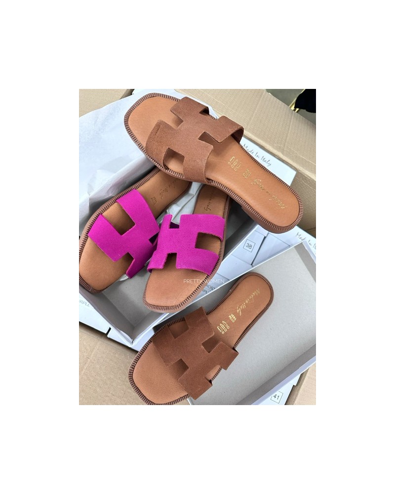 SKÓRZANE KLAPKI HH STYL  ▪️RÓŻ ZAMSZ